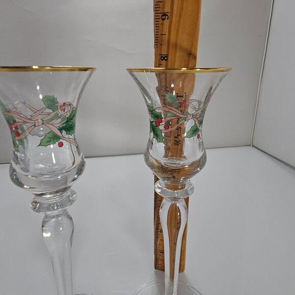 2 Mikasa Ribbon Holly Candlestick Holder 7.75" Christmas Holiday vtg 90s Gold Tr - Picture 7 of 7